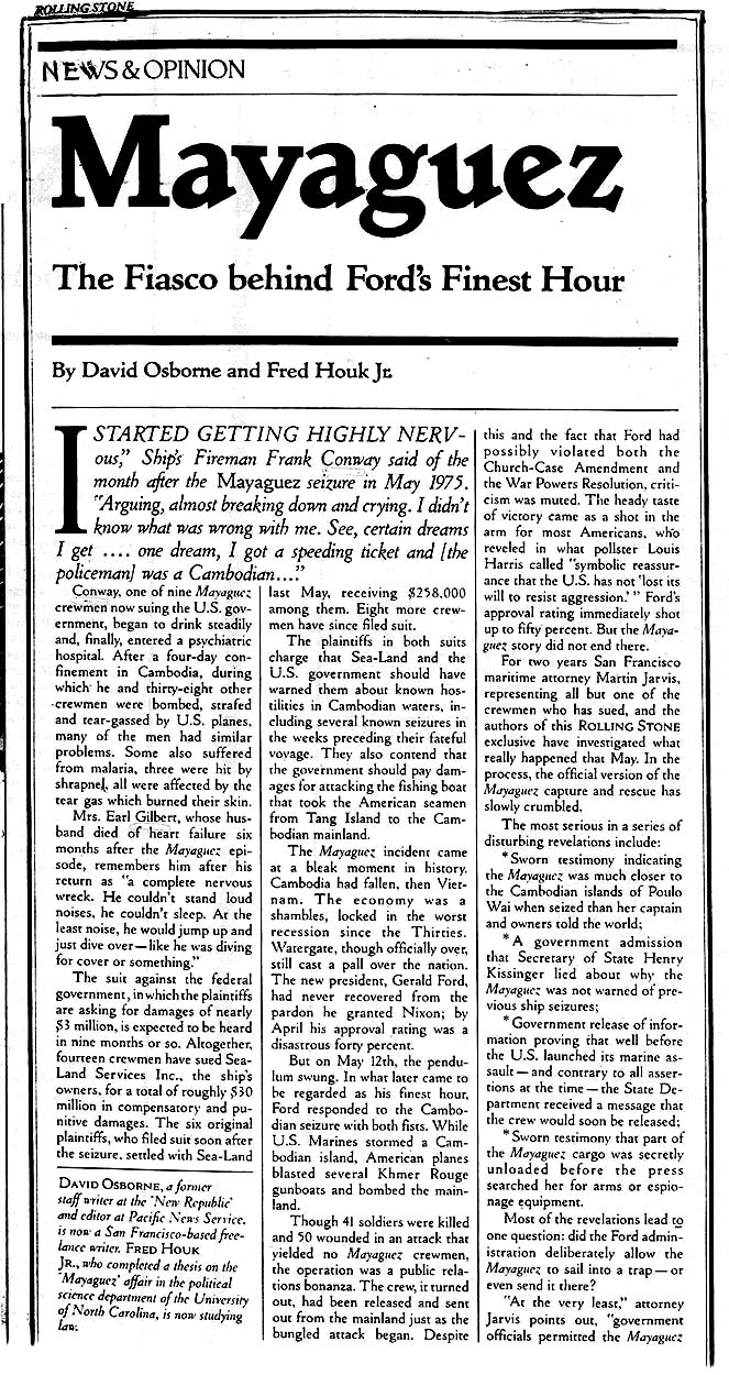 News and Opinion page 1 in Rolling Stone Magazine The Fiasco behind Fords Finest Hour